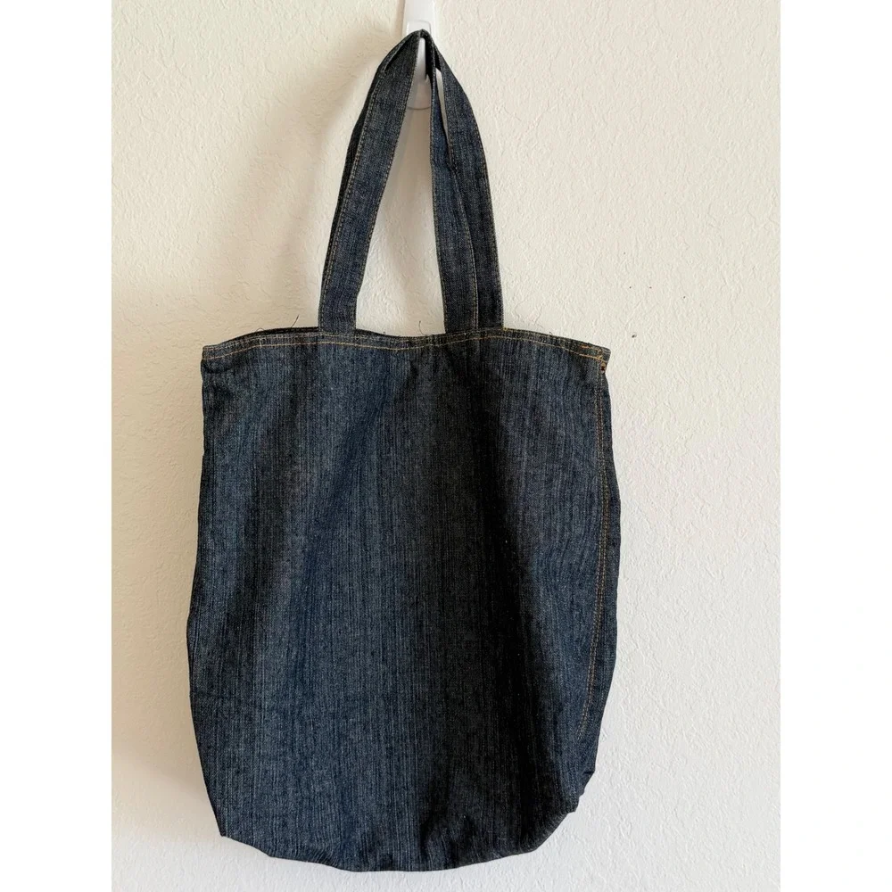 Dark Wash Denim Tote Bag with Exterior Pocket and Contrast Stitching